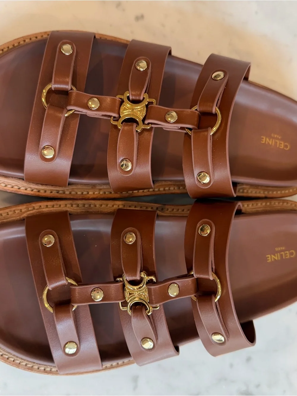 Celine Brown Leather Triple-Strap Slide Sandals size 39/8